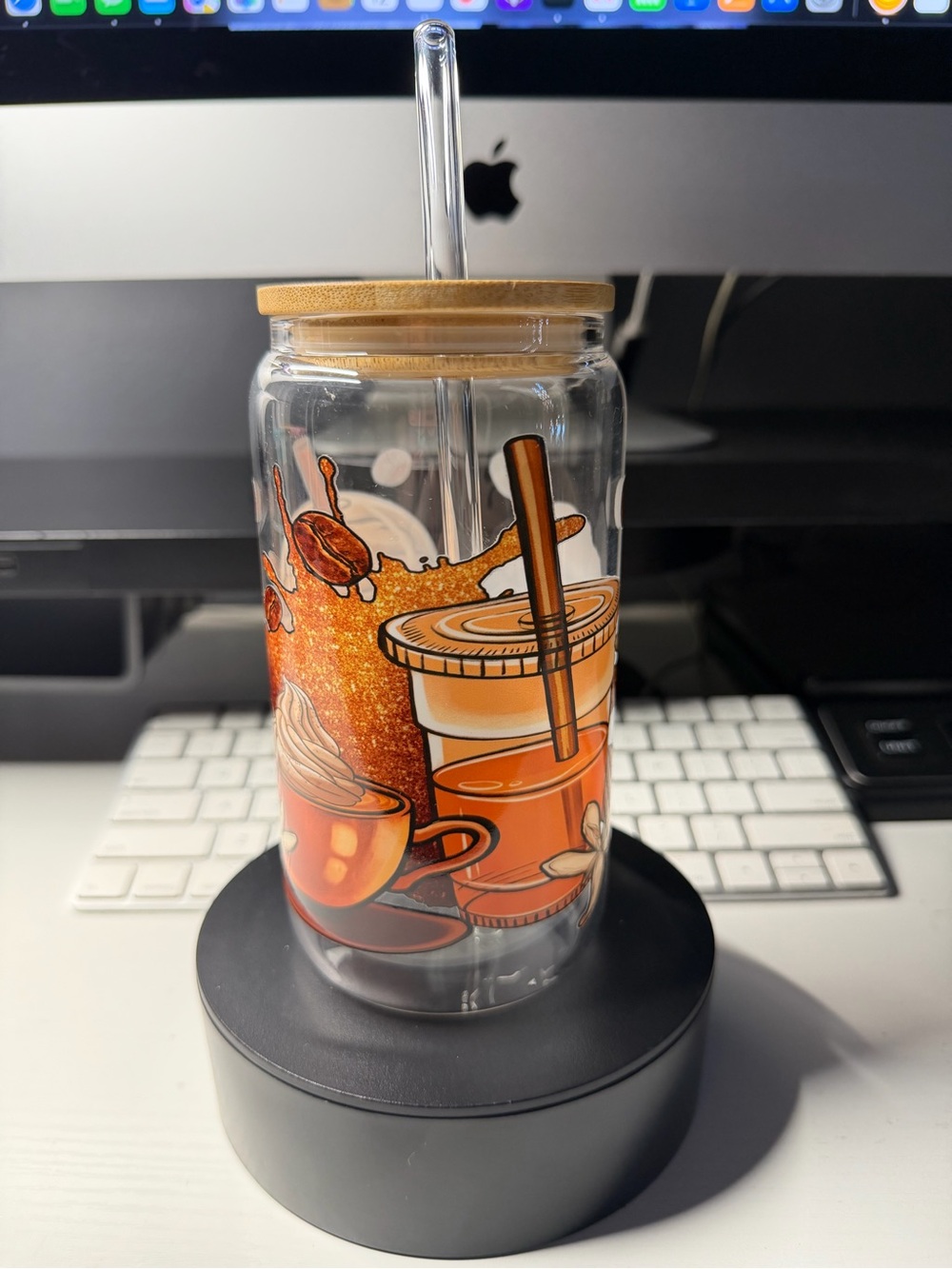 Clear Glass Tumbler with Bamboo Lid & Straw - Orange Coffee Design